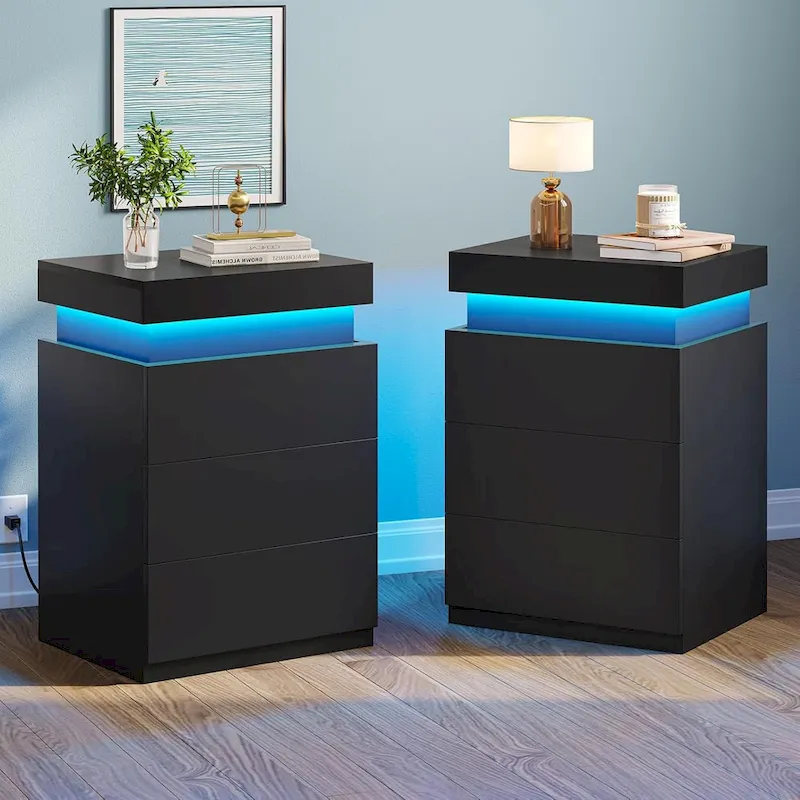 Bedroom Nightstand with Charging Station and LED Lights Sliding Top
