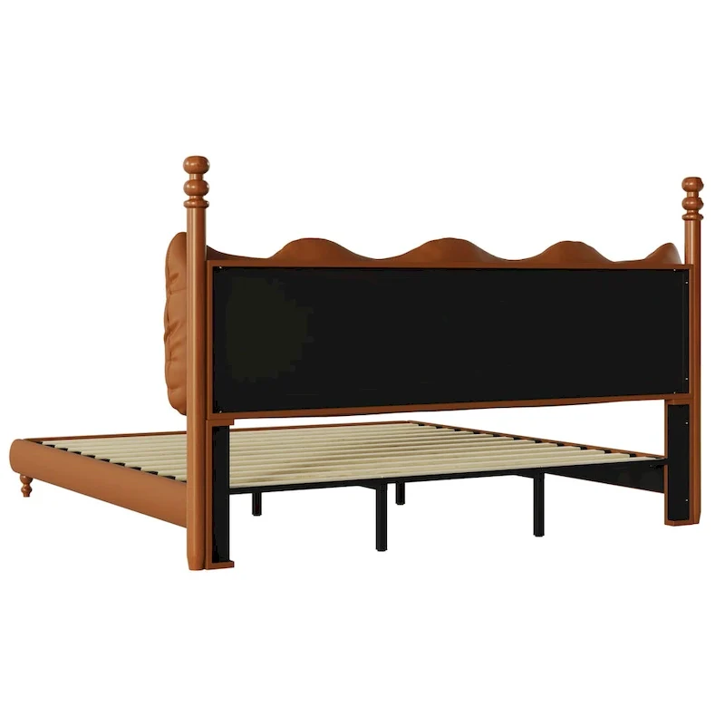 PU Leather Platform Bed with Button-Tufted Headboard & Wood Bedposts – Coffee, Queen / King / Cal King, Sleeps 2