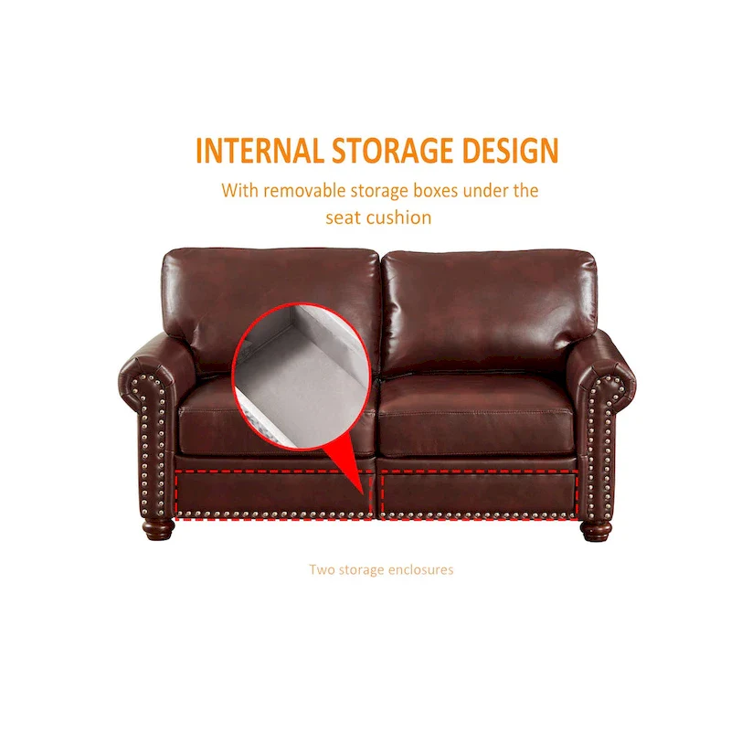 Faux Leather Loveseat with Storage – Burgundy / Grey / Black, Nailhead Trim, Seats 2