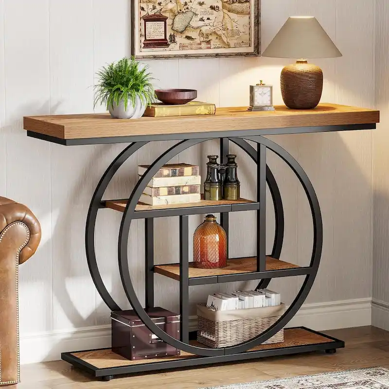 Industrial 4-Tier Sofa Table Entryway Table with Circle Base
