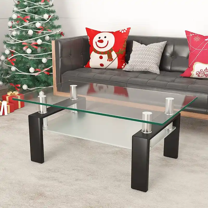 Rectangle Coffee Table Glass Tabletop with Lower Shelf