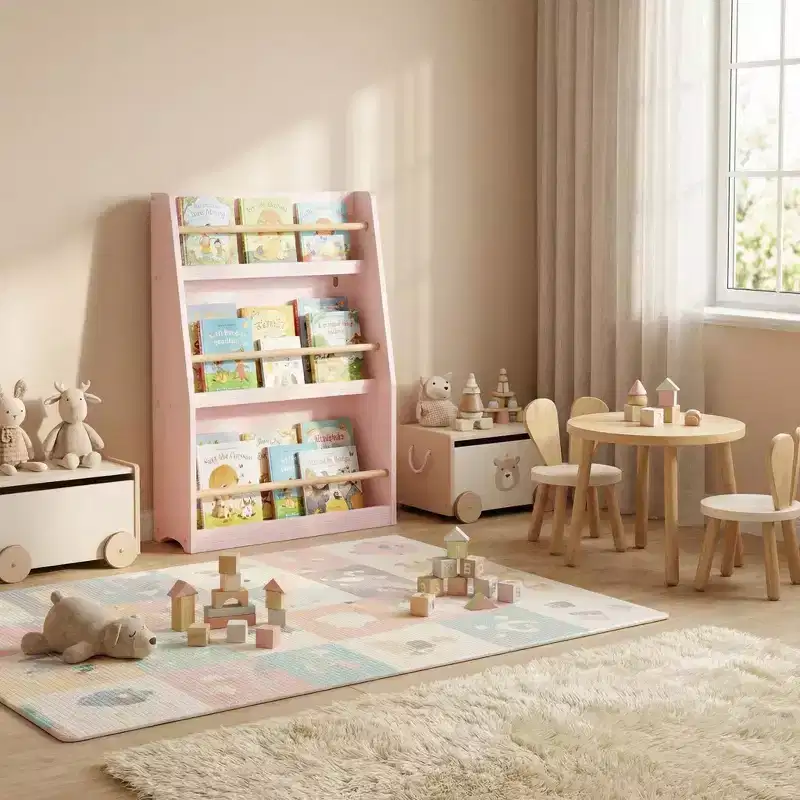 FurnitureR Kids Bookshelf with Front Facing Display, 3 Tier Book Storage Rack for Toddlers, Wooden Kids Bookcase Organizer for Bedroom, Playroom