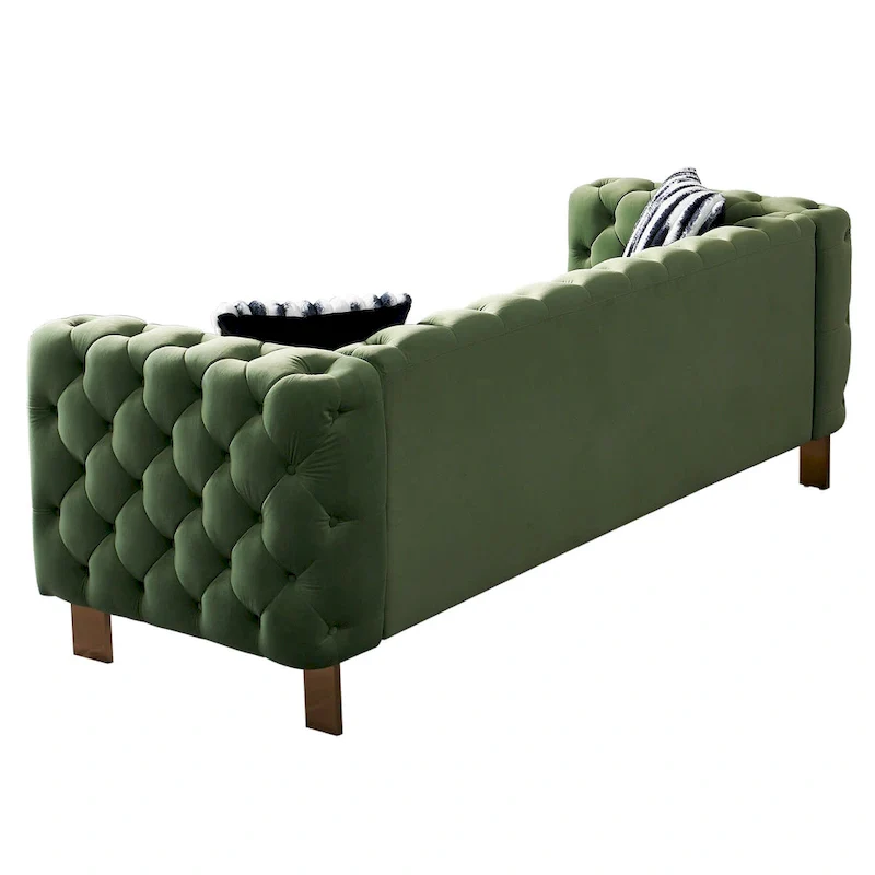 84.25 Luxurious Tufted Velvet Upholstered 3-Seater Sofa with Golden Metal Armrest Design and Buttoned Tufted Backrest