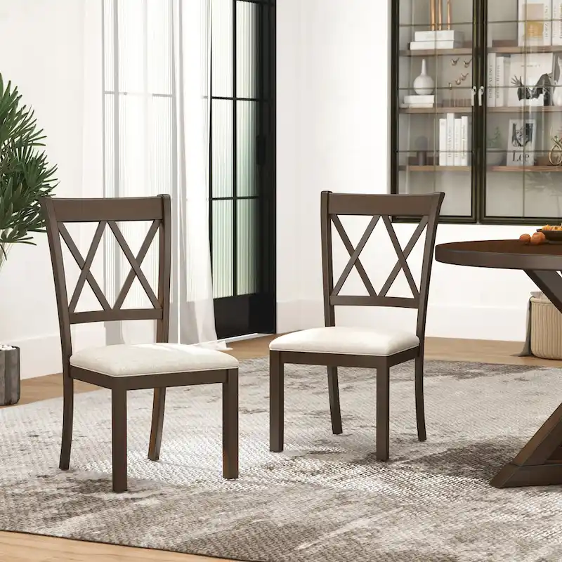Cross-Back Linen-Feel Upholstered Dining Chair, Set of 2 – Oak / Black