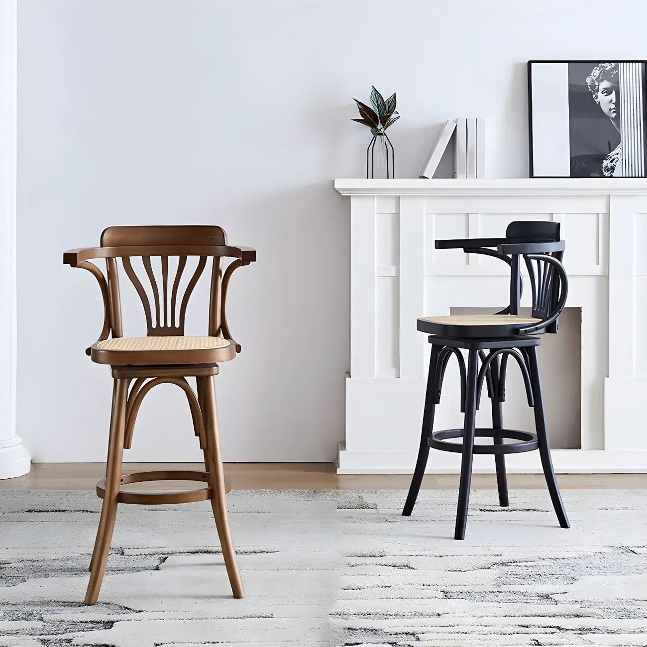 Timeless Square Rattan Wood Low Back Bar Stool in Brown/ Black