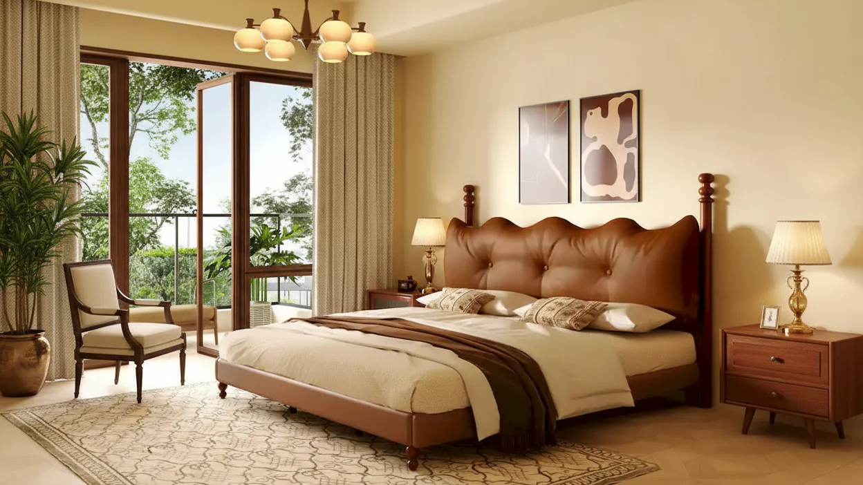 PU Leather Platform Bed with Button-Tufted Headboard & Wood Bedposts – Coffee, Queen / King / Cal King, Sleeps 2