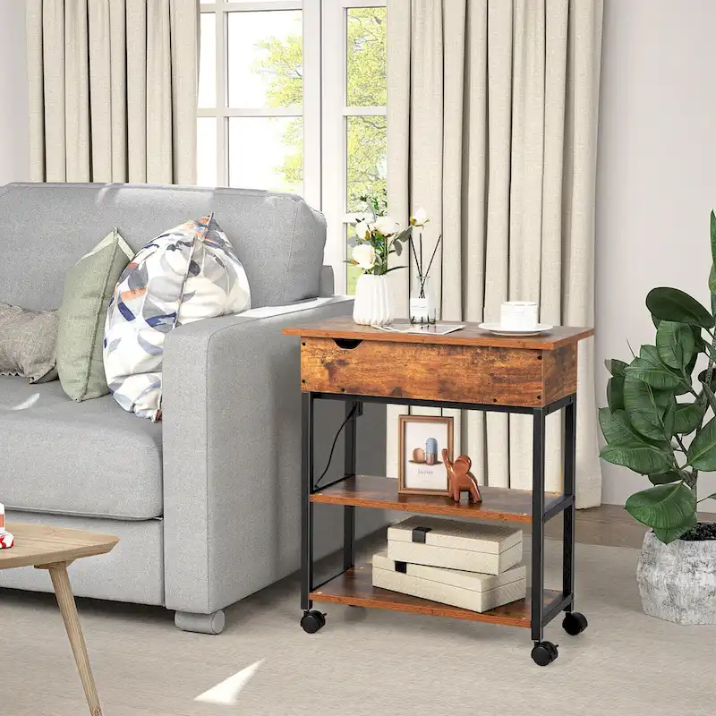 Brown Lift-Top End Table with Hidden Charging Station, Storage Shelves & Wheels – MDF Top