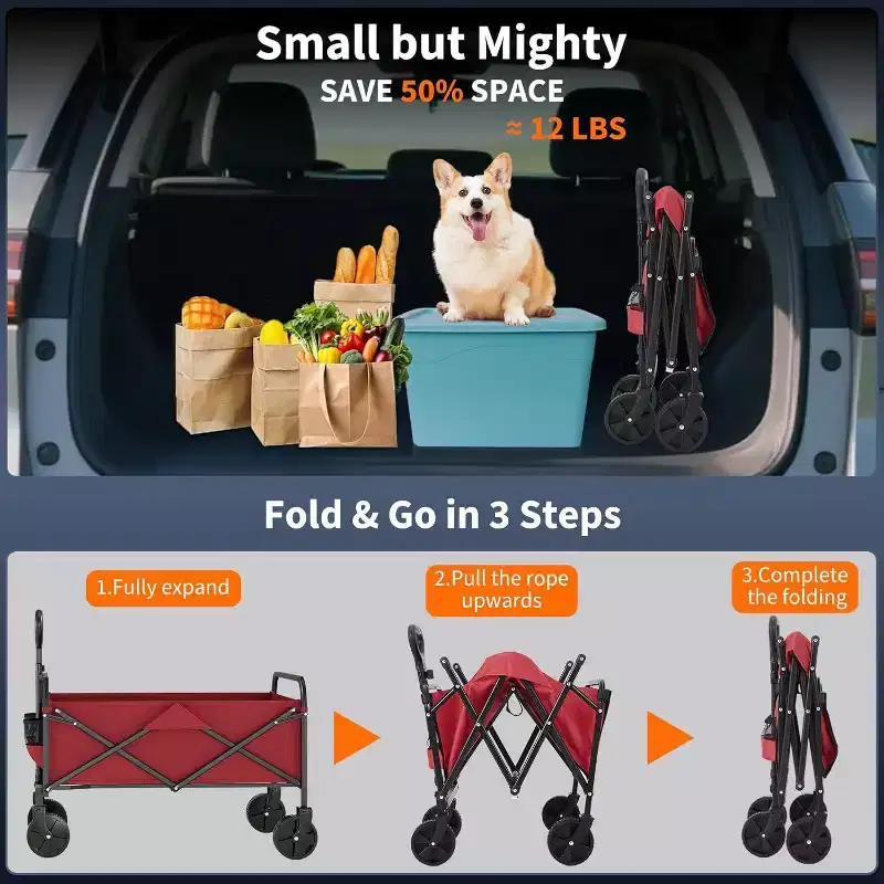 Acekool Collapsible Utility Wagon with 360 Rotating Wheels, 220lbs Load, Adjustable Handle, Beach, Camping, Garden, 73x46.5x89.5cm, Black