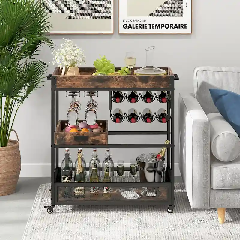 Gymax Rolling Bar Cart 3-Tier Industrial Buffet Serving Trolley w/