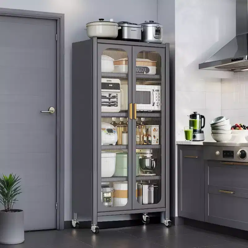65 Kitchen Pantry Storage Cabinet, 6 Tier Metal Display Storage Cabinet with Transparent Door, for Kitchen, Living Room and Dining Room, Gray