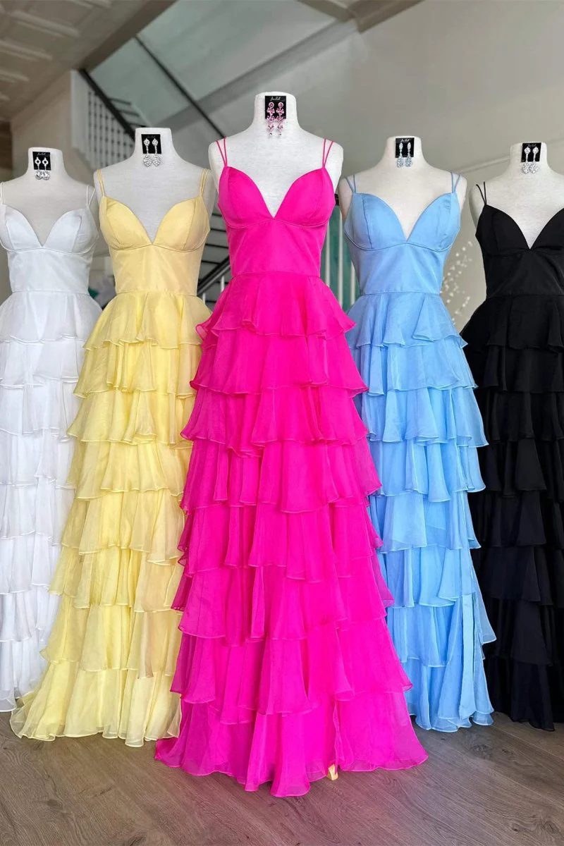 V-Neck Straps Ruffle Chiffon Prom Dress with Slit
