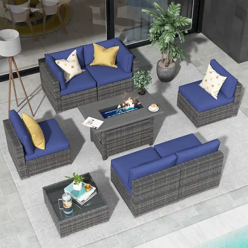 Outdoor 8 Pieces Sectional Wicker Sofa Set with Fire Pit