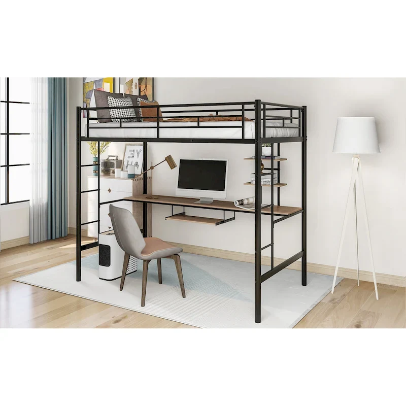 Black Twin Size Metal Loft Bed with Desk and Shelf, Space-Saving Design