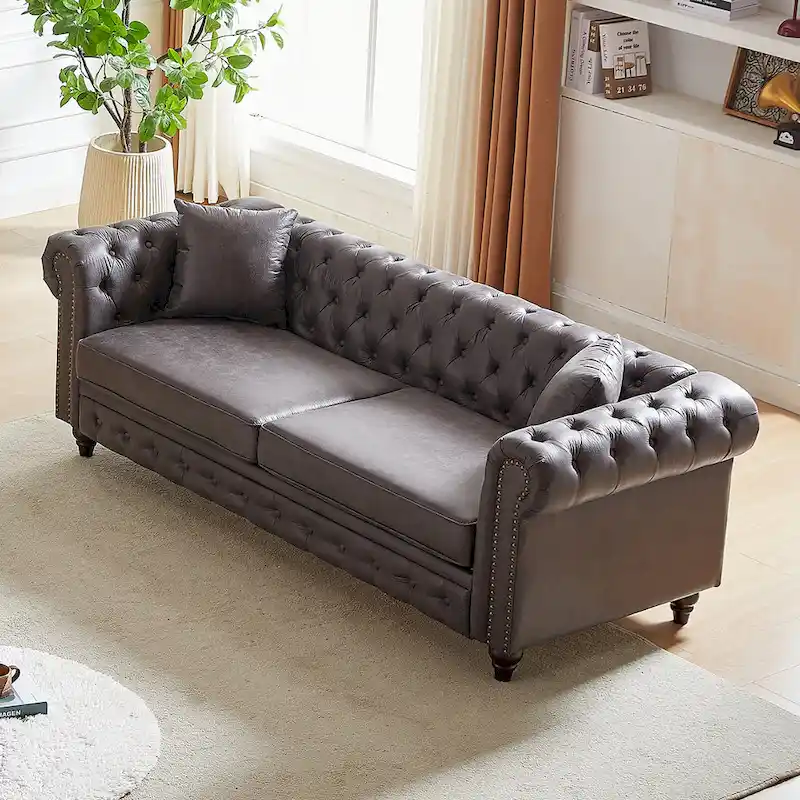 Gray Tufted Sofa with Rolled Arms - 3 Seater