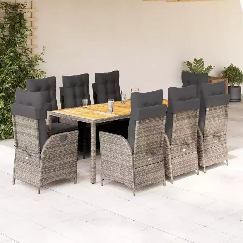 vidaXL Patio Dining Set with Cushions Table and Chairs Bistro Set Poly Rattan - Gray Without footrest 8-Piece