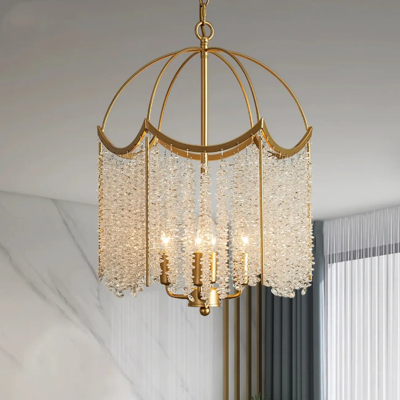 Chic Gold Caged Crystal Tassel Chandelier