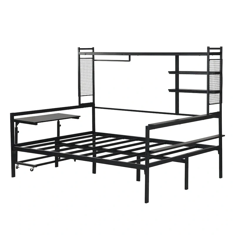 Metal Daybed with Movable Desk, Shelves and Clothes Hanger