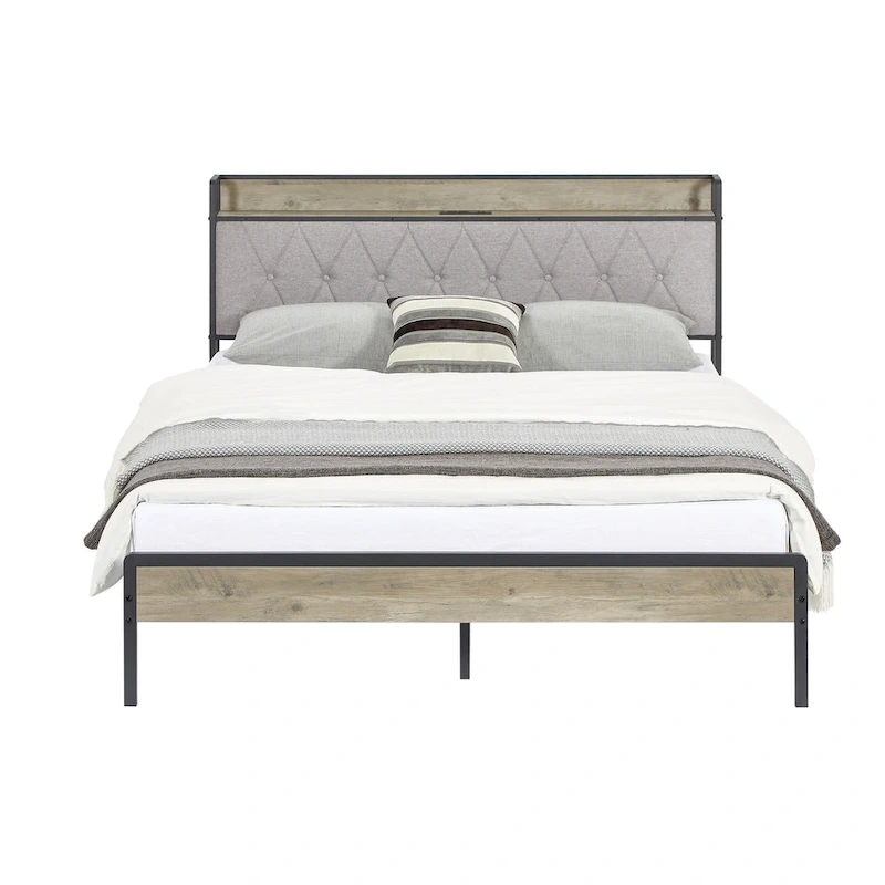 Grey & Queen Bed with Charging Station