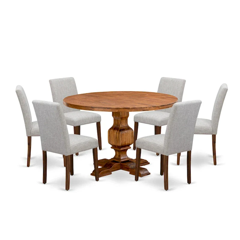 East West Furniture Dining Table Set- a Round Dining Table and Doeskin Parson Chairs, Antique Walnut (Pieces Option)