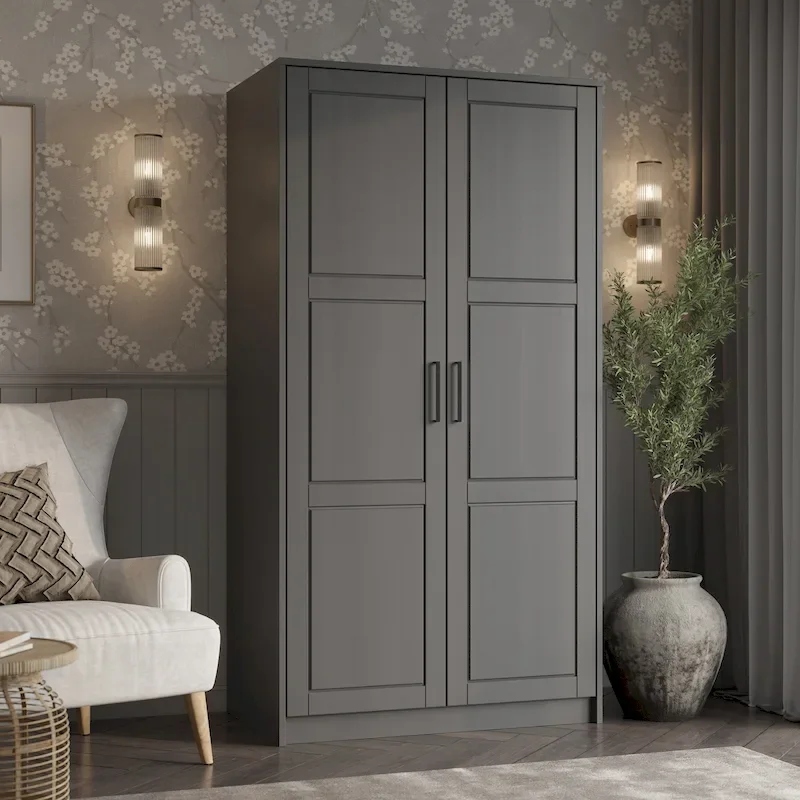 100% Solid Wood 2-Door Wardrobe Armoire with Solid & Mirrored Doors