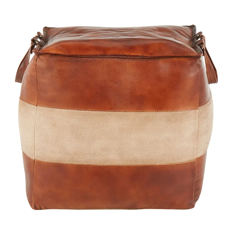 Industrial Pouf Ottoman in Leather and Canvas