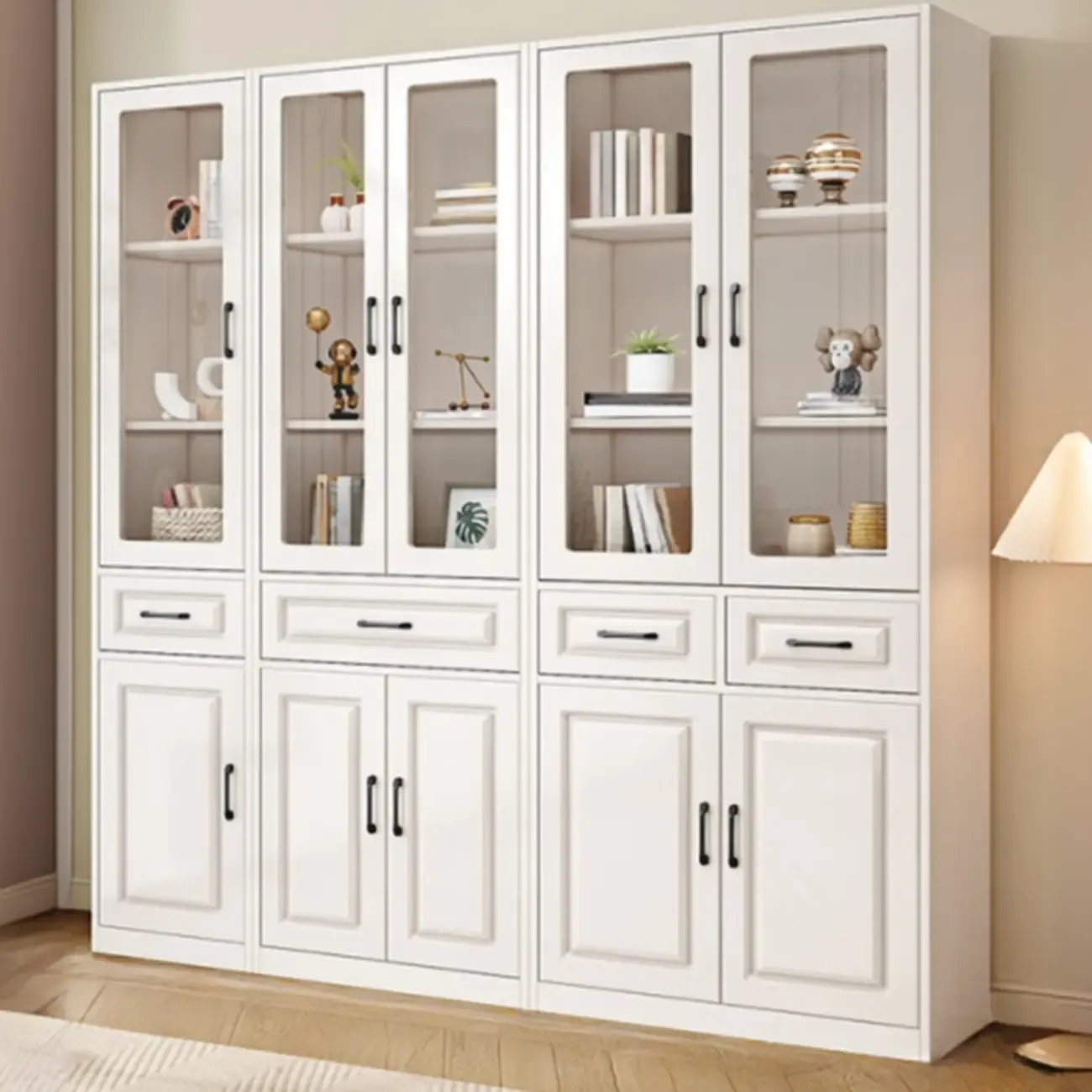 Rectangular White Wood Vertical Display Bookcase with Drawers