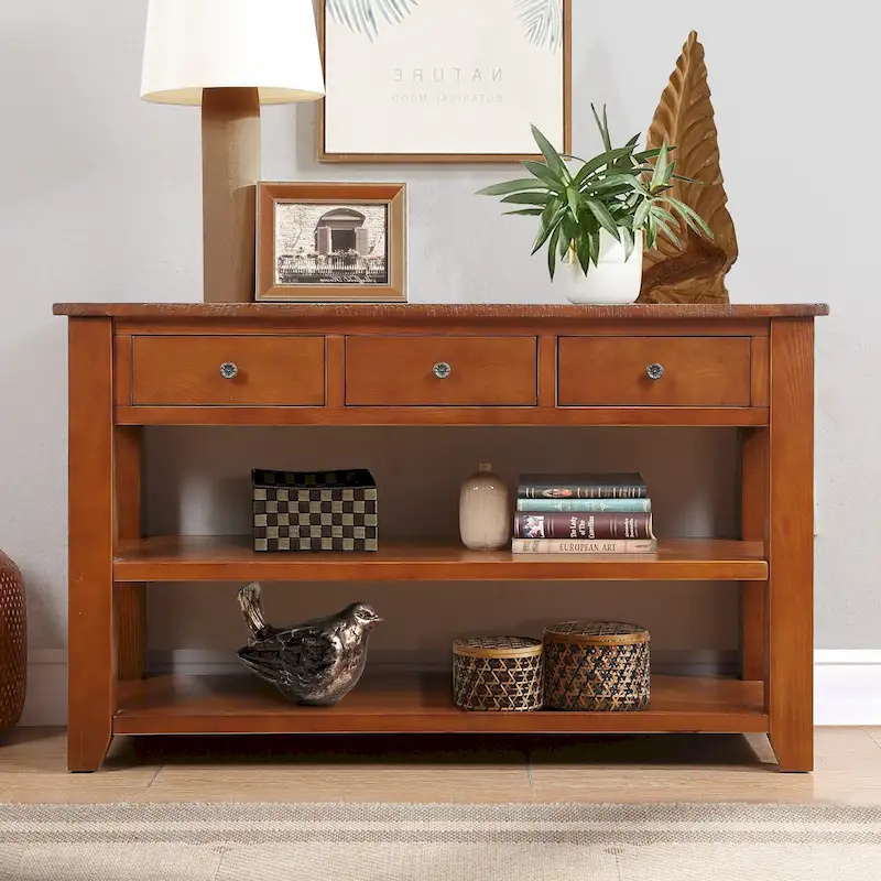 Modern Solid Pine Wood Console Table with 3 Drawers and 2 Shelves