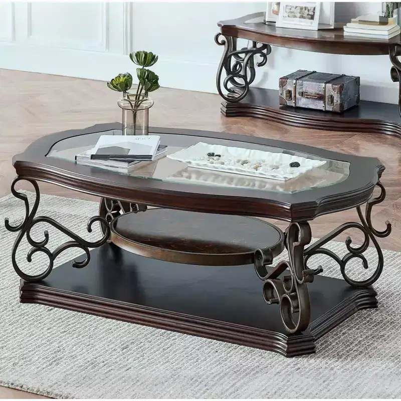 GDFStudio Perry Traditional 2-Tier Glass and Wood 52 Coffee Table with Marble Shelf