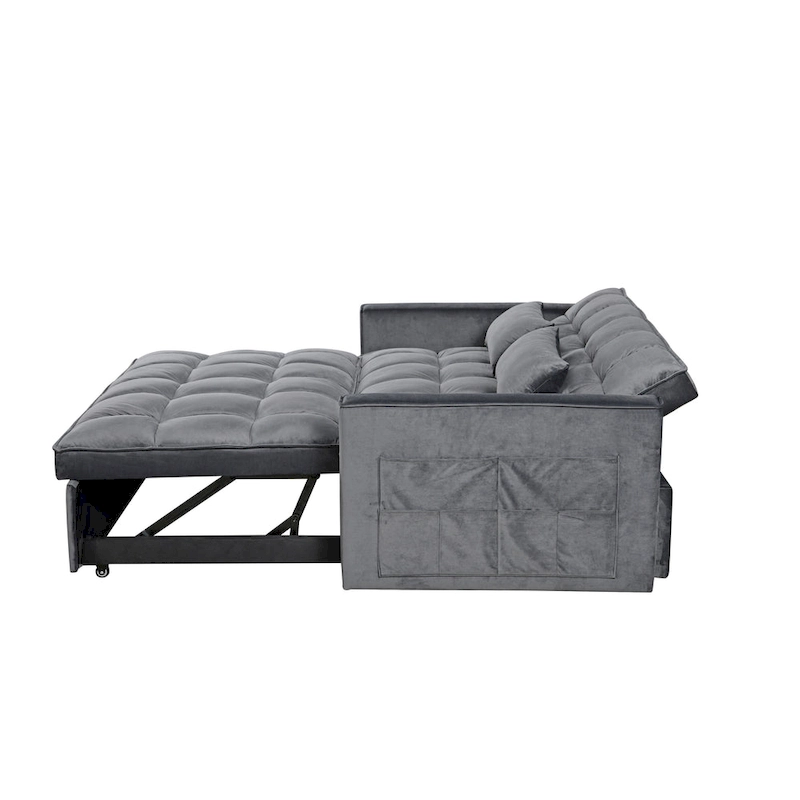 Modern Velvet Loveseat Futon Sofa Couch Pullout Bed, Small Love Seat Lounge Sofa w/Reclining Backrest, Toss Pillows, Pockets