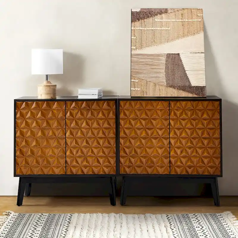 Black/Walnut Mid-Century Solid Wood 2-Door Accent Cabinet Set of 2 with Adjustable Shelves