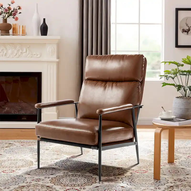 Glitzhome 33.75W Mid-Century Modern Leatherette Armchair With High Back and Padded Arms - 33.75 W x 39.5 H x 28 D