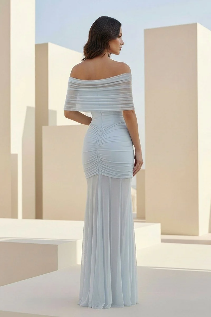 Ivory Mermaid Off The Shoulder Ruched Tulle Long Prom Dresses