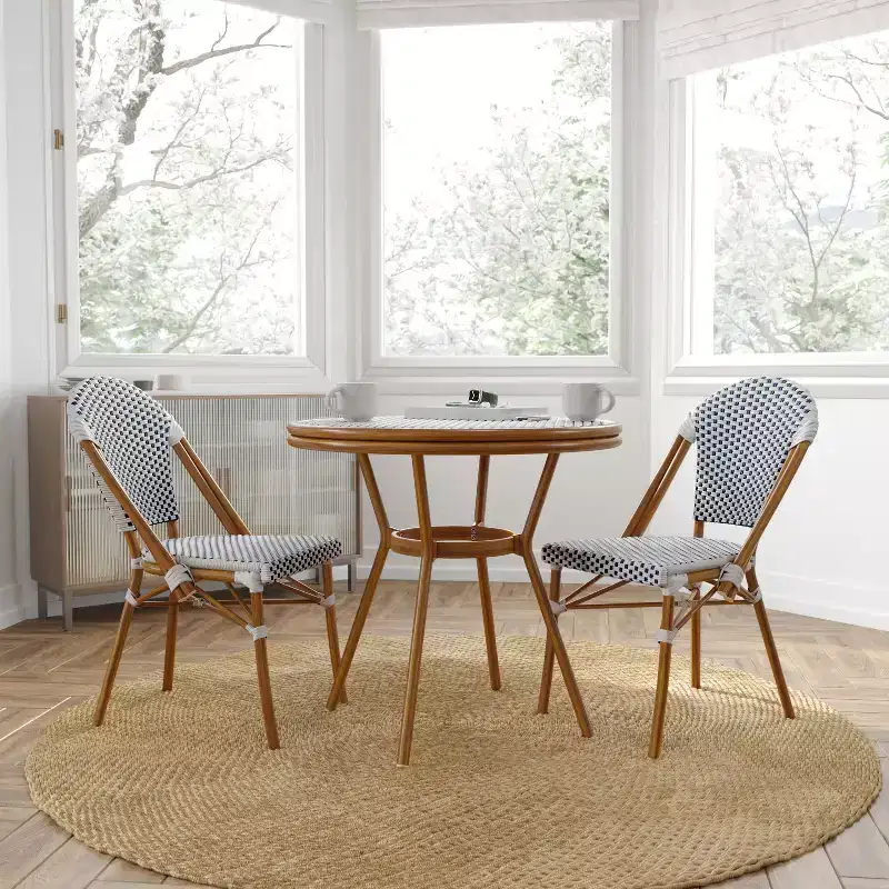 Merrick Lane Mael Bistro Style Table with Glass Top, Textilene, 2 Stack Chairs, and Bamboo Finished Metal Frame for Indoor/Outdoor Use