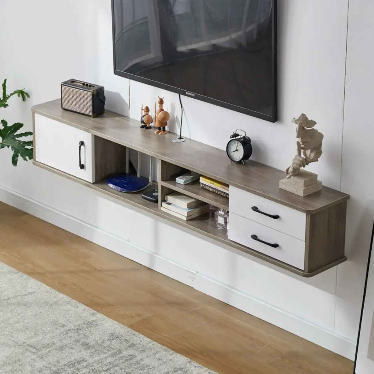 59 Grey Wooden Open Shelf Floating TV Stand with Drawers