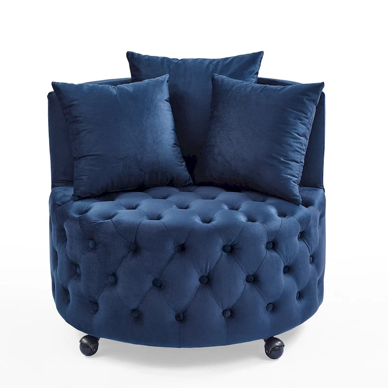 Living Room Velvet Swivel Chair with Button Tufted Design, 3 Pillows & Movable Wheels