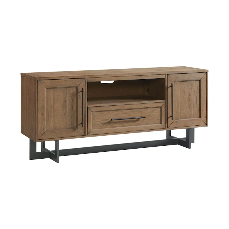 Black Rustic Wood Media Console – Open Shelf & Side Cabinets, Fits up to 70