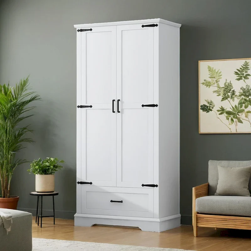 White Bathroom Storage Cabinet with 2 Doors 1 Drawer - Tall MDF Adjustable Shelf Organizer