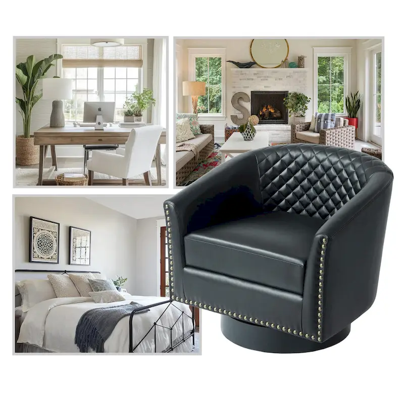 Faux Leather Nailheads Swivel Barrel Chair Set of 2