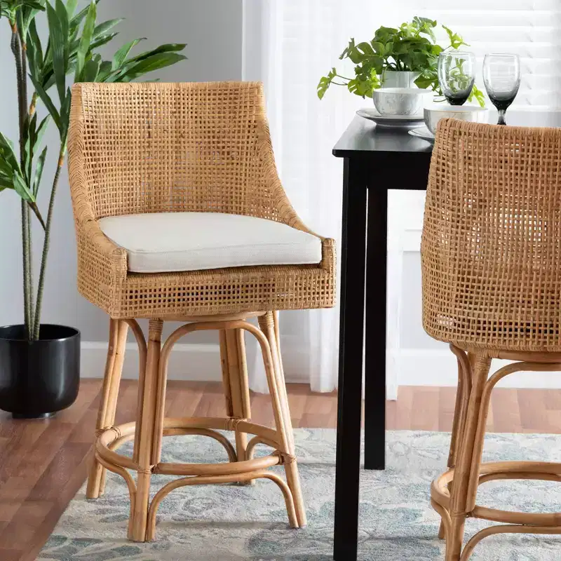 Baxton Studio Bella Rattan Counter Height Barstool Natural Brown/White : Upholstered Polyester, Mahogany Frame, No Assembly Required