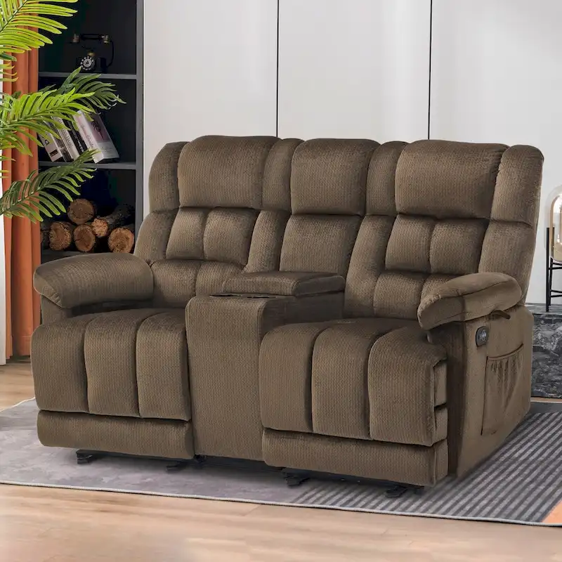 Brown/Grey/Blue Power Loveseat Recliner with Console & Vibration, 2-Seater