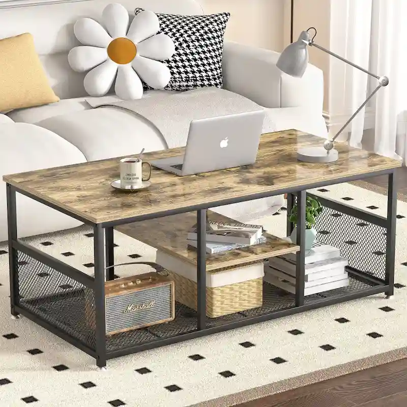 3-Tier Coffee Table with Metal Frame and MDF Shelves