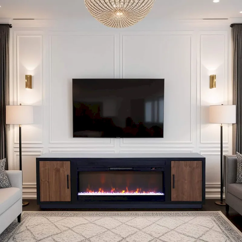 83 inch Fireplace TV Stand for TVs up to 95 inches, Minimal Assembly, Black and Walnut Finish
