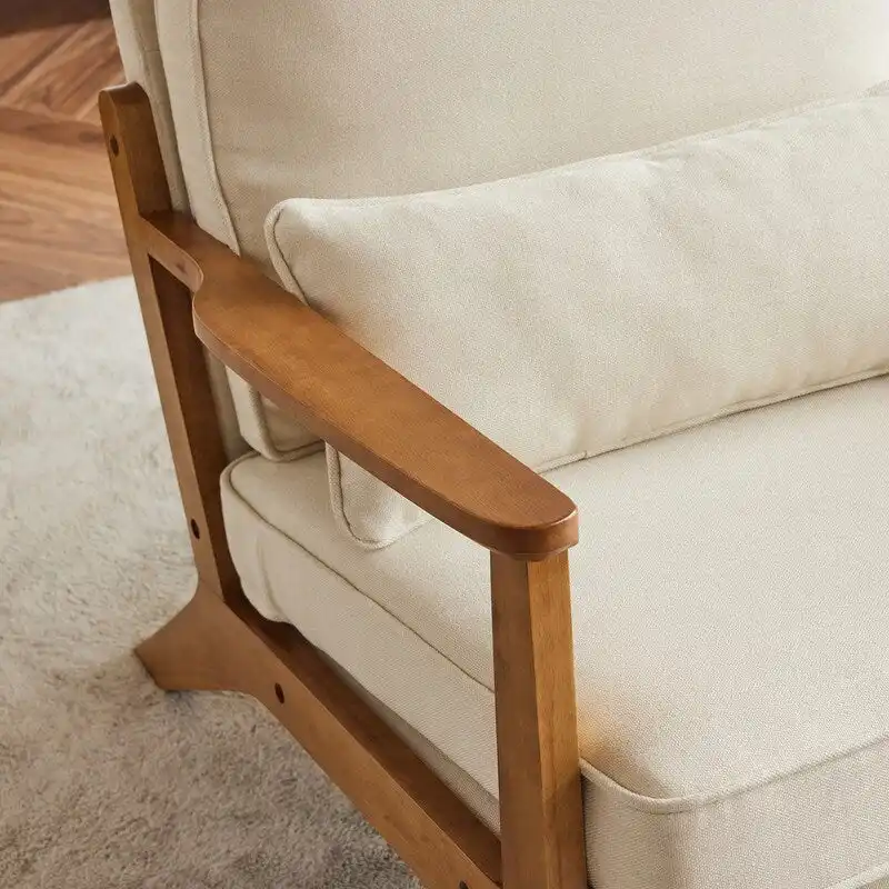 Upholstered Linen Blend Accent Chair with Wooden Legs and Pillow, Beige