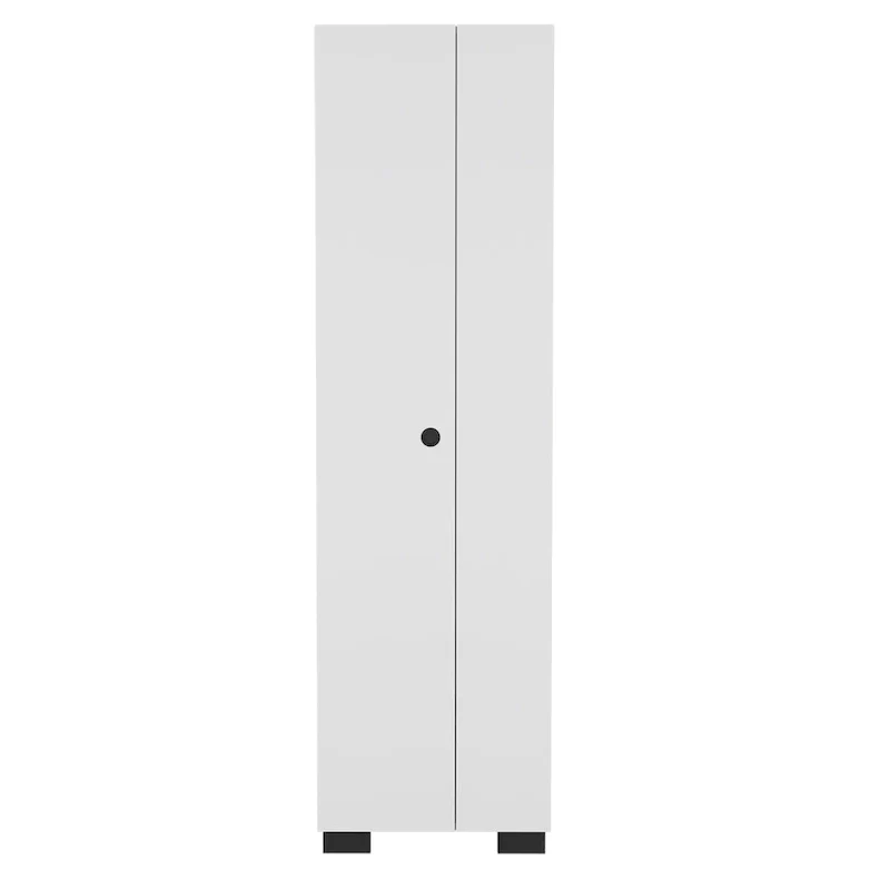 Slim Broom Cabinet with Inner Shelves & Side Broom Hangers — White