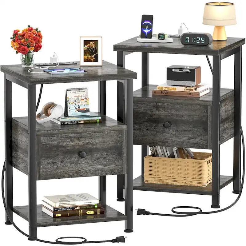 2-piece Farmhouse Wood End Table Drawers Nightstand with Charge Station - Set of 2
