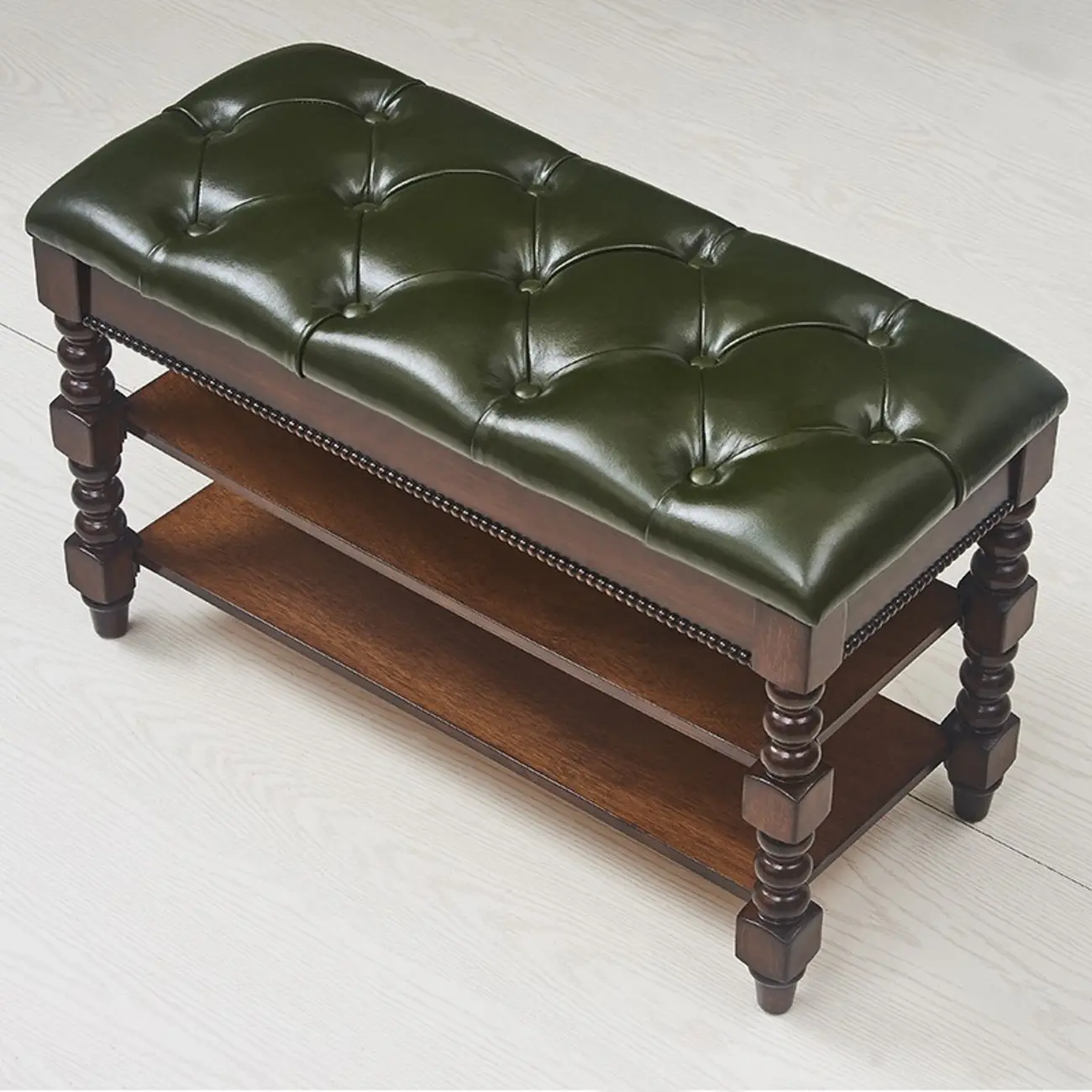 Antique Genuine Leather Flip-up Wood Bench with 2 Shelves