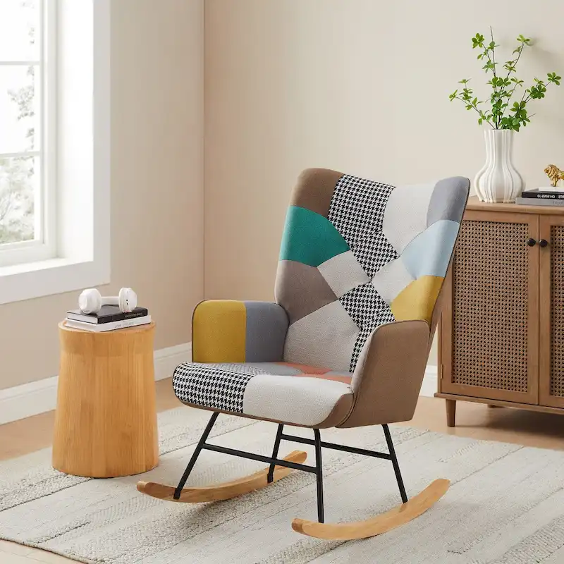 Multi-Color Patchwork Linen Upholstered Rocking Chair with Wood Legs – 1 Person