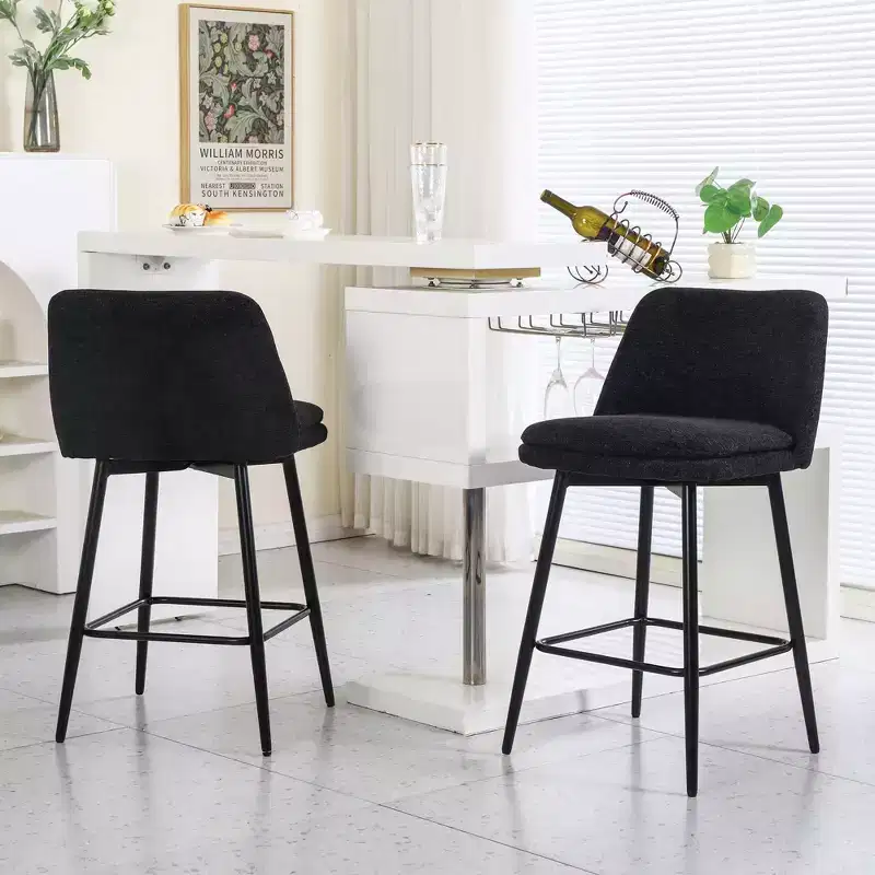 MAYEERTY Set of 2 Counter Height Swivel Bar Stools 360 Swivel Upholstered 25.6in Seat Height Linen Cloth Black for Kitchen Island Pub