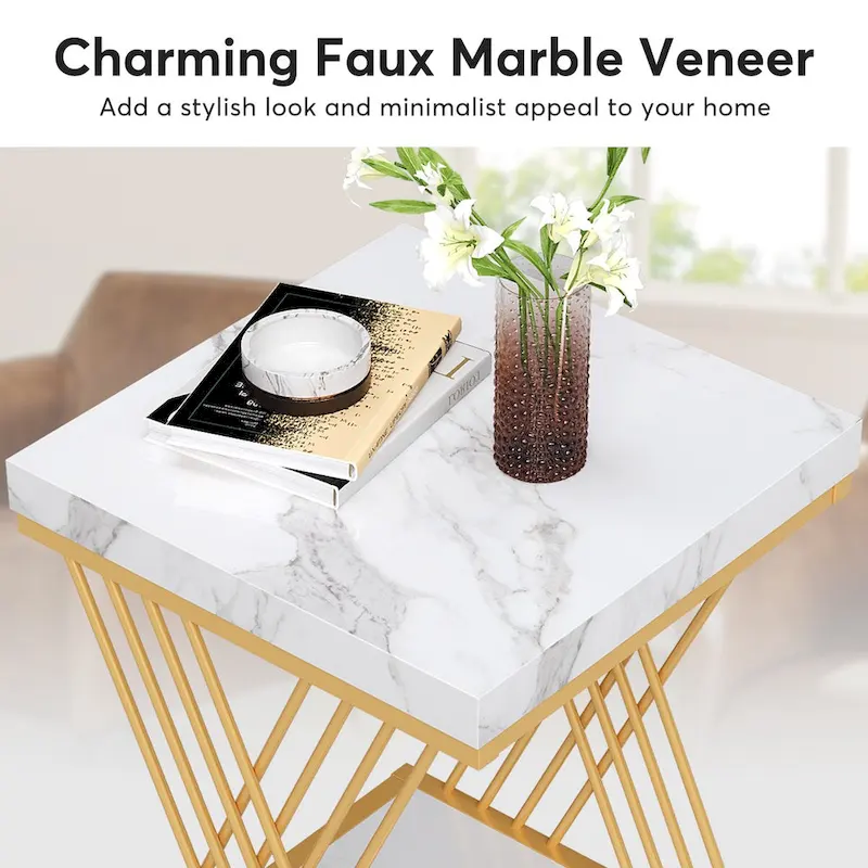 19.75 Inch Faux Marble Square End Table, Modern Bedside Tables, Gold Accent Table Living Room