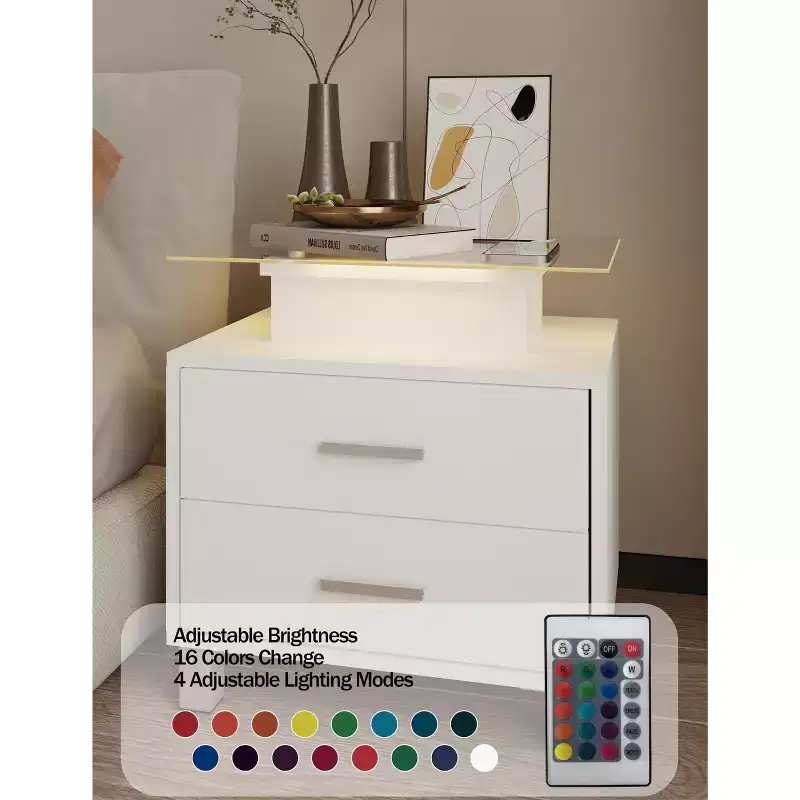 Modern White Nightstand with 2 Drawers, Glass Desktop, Charging Station and LED Lights - Ideal Bedside Table for Bedroom
